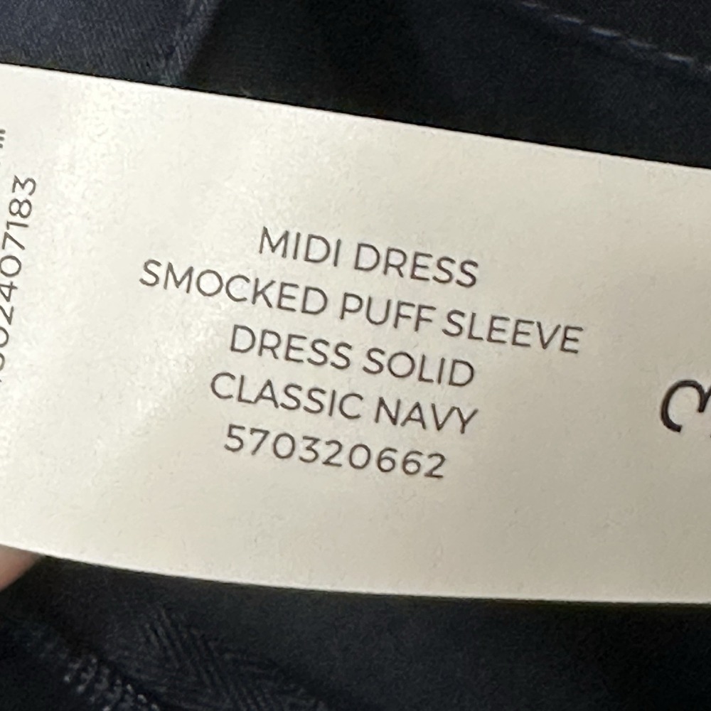 Chico's size 3 (16-18) Women's Navy Blue Smocked Puffed Sleeve Midi Dress - Picture 8 of 10